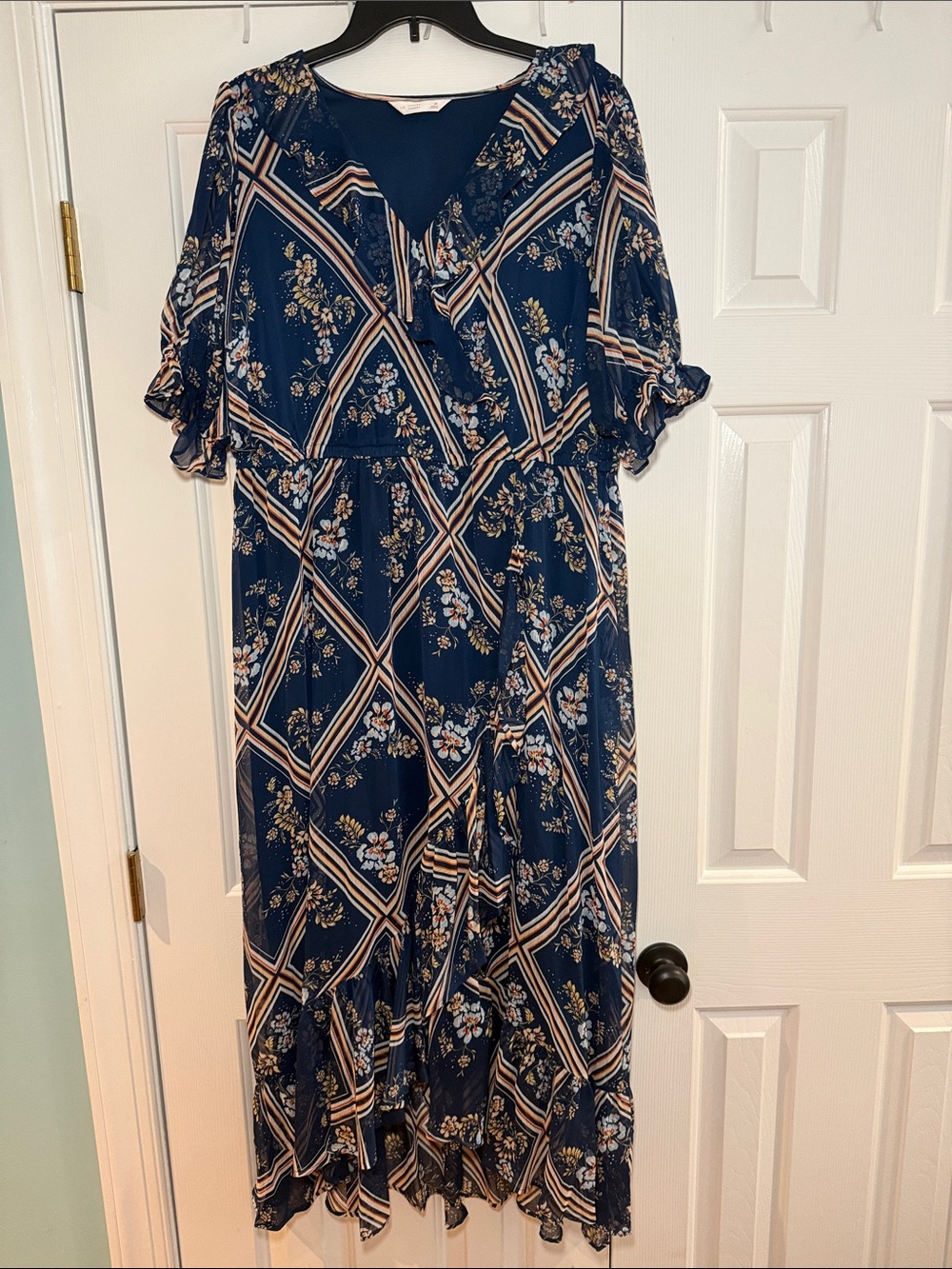 LC Lauren Conrad Navy Floral Midi Dress with Geometric Print